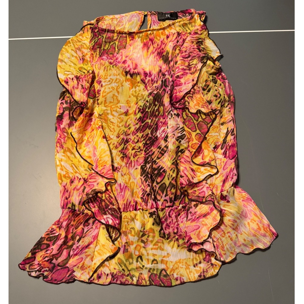 IZ Byer California Ruffle Animal Print Blouse Pink Yellow Sleeveless Small - Picture 9 of 9